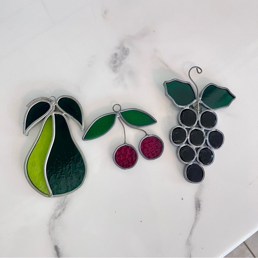 Mixed Lot of 3 Fruit Stained Glass Suncatchers Cherry, Grapes, Pear